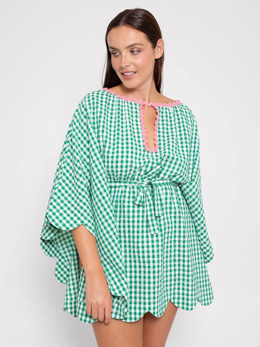 Sundress Paris Gingham Poncho Dress Pink Ric Rac Scalloped Hem Preppy Boho OS